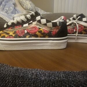 Vans Black and Red Floral Checkered Sneakers